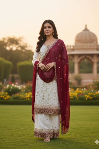 White color faux georgette embroidery work long party wear plazo suit