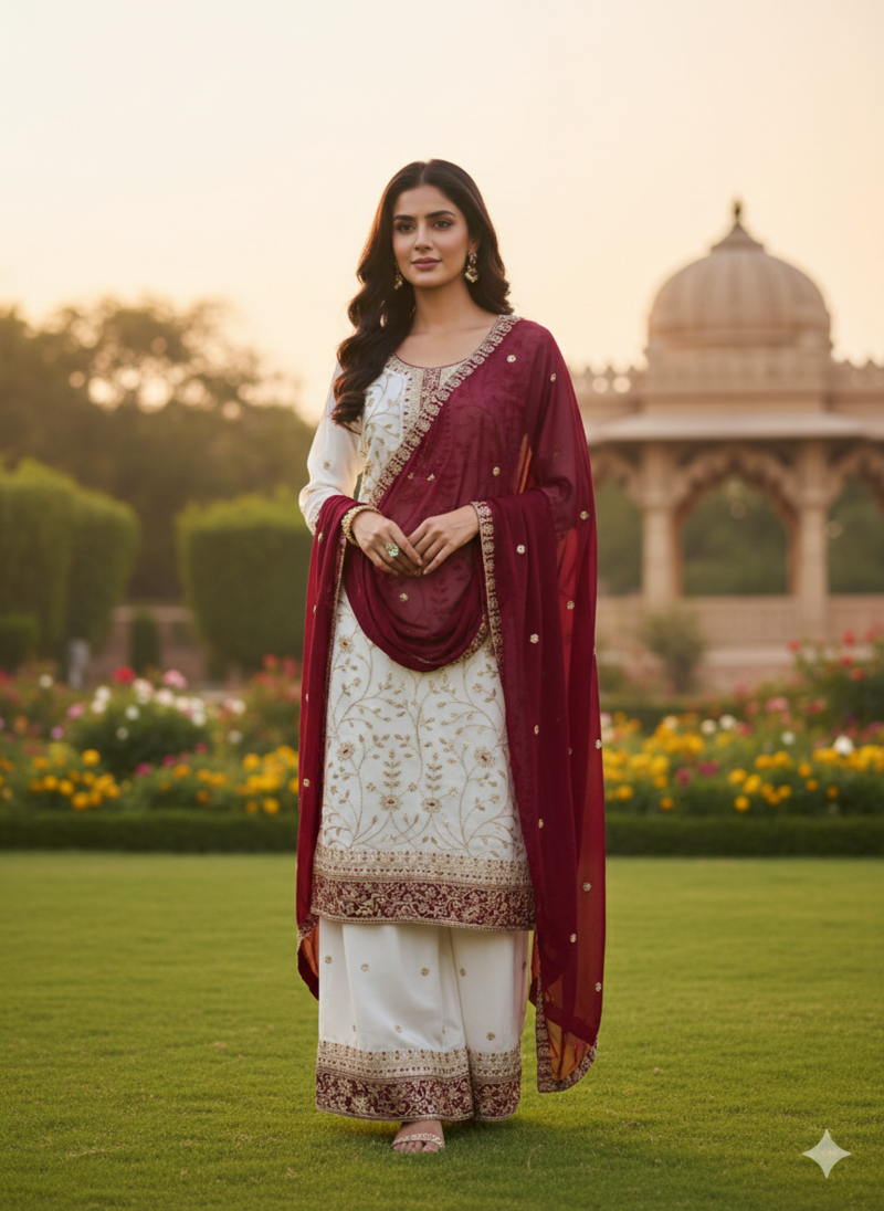 White color faux georgette embroidery work long party wear plazo suit