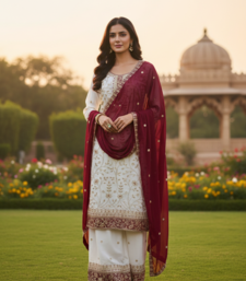 White color faux georgette embroidery work long party wear plazo suit