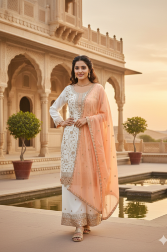 White color faux georgette embroidery work long party wear plazo suit