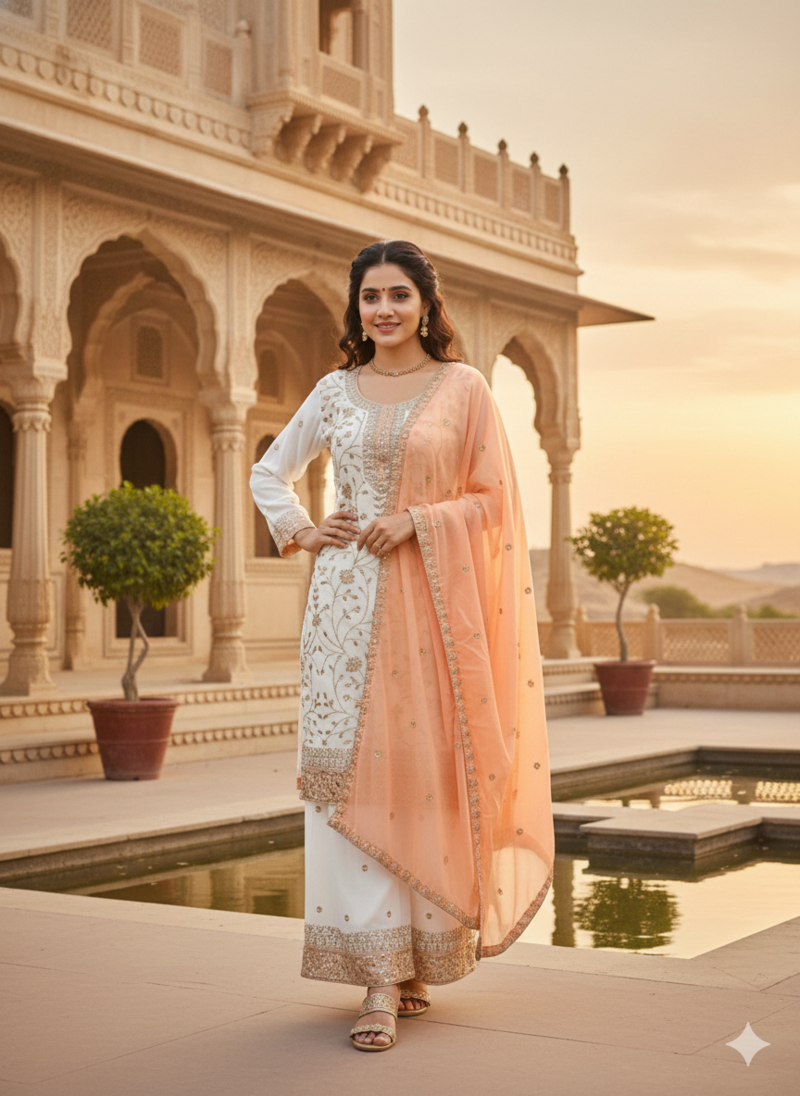 White color faux georgette embroidery work long party wear plazo suit