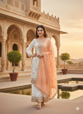 White color faux georgette embroidery work long party wear plazo suit 1