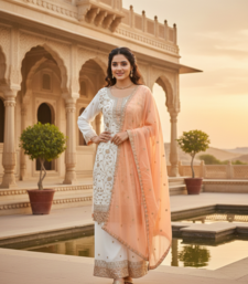White color faux georgette embroidery work long party wear plazo suit