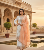 White color faux georgette embroidery work long party wear plazo suit