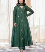 Ethnic motifs embroidered panelled thread work pure cotton kurta with trousers & with dupatta