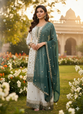 White color faux georgette embroidery work long party wear plazo suit 1