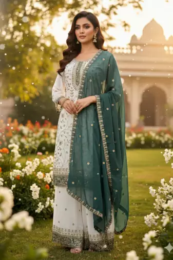 White color faux georgette embroidery work long party wear plazo suit