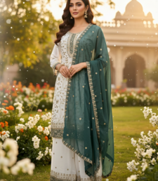 White color faux georgette embroidery work long party wear plazo suit