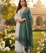 White color faux georgette embroidery work long party wear plazo suit