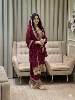 Maroon color faux georgette embroidery work party wear salwar suit 1