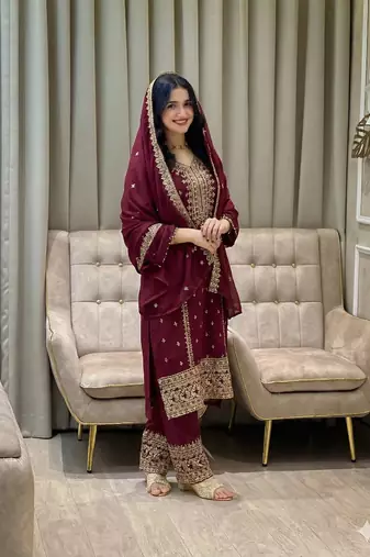 Maroon color faux georgette embroidery work party wear salwar suit