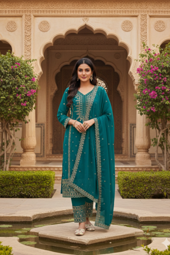 Teal color faux georgette embroidery work party wear salwar suit