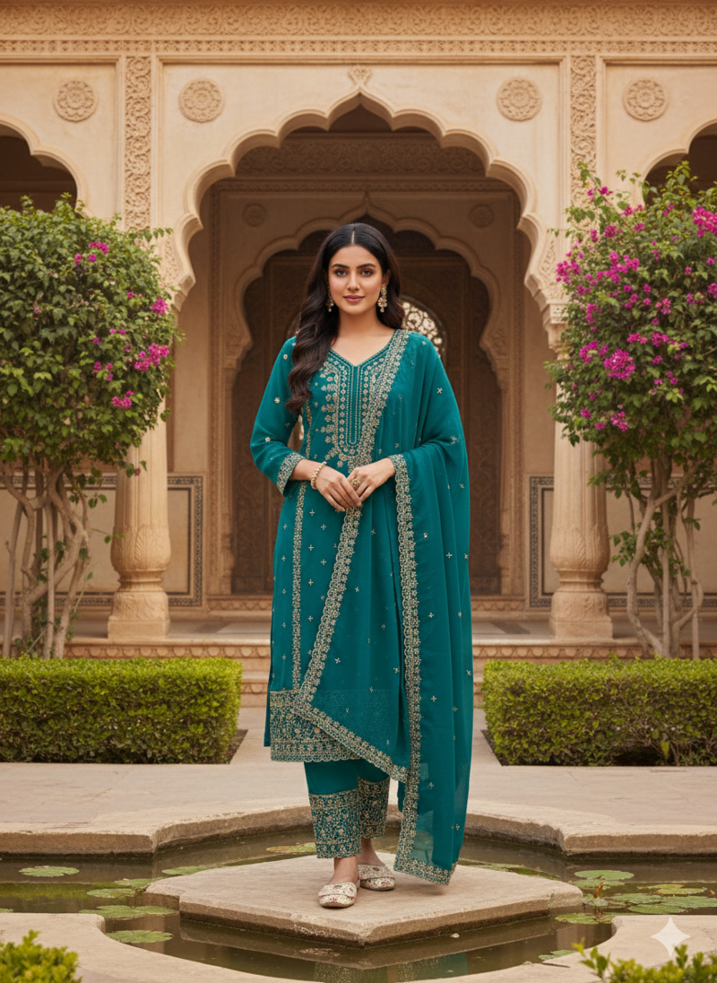 Teal color faux georgette embroidery work party wear salwar suit