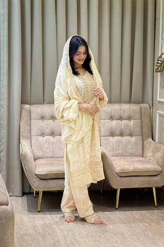 White color faux georgette embroidery work party wear salwar suit