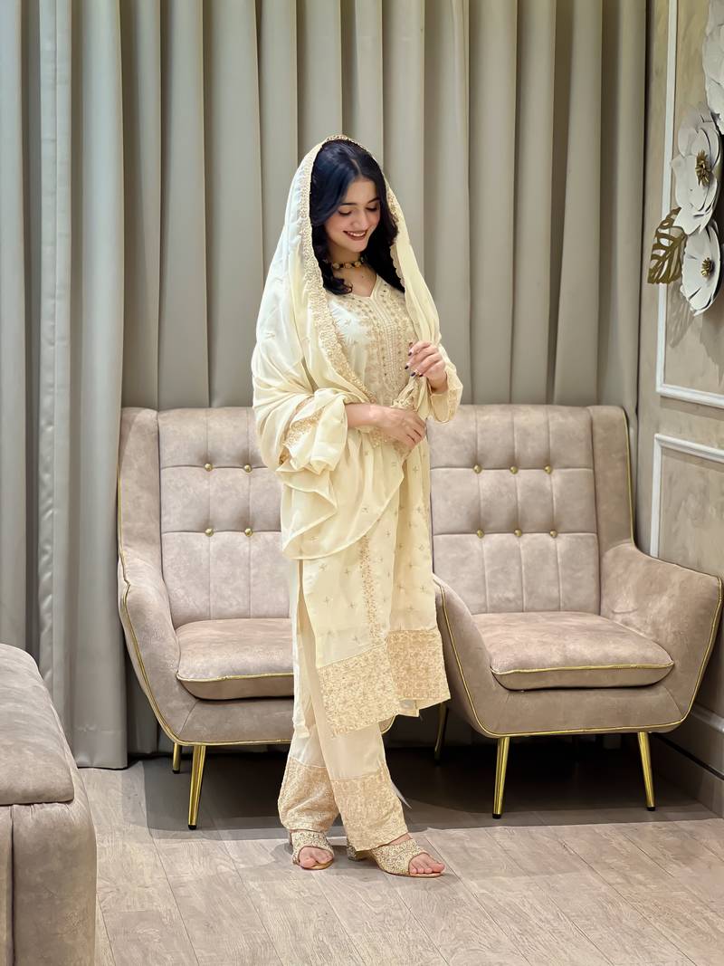 White color faux georgette embroidery work party wear salwar suit