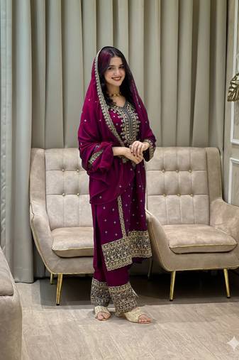 Wine color faux georgette embroidery work party wear salwar suit
