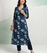 Floral printed v-neck cotton straight kurta