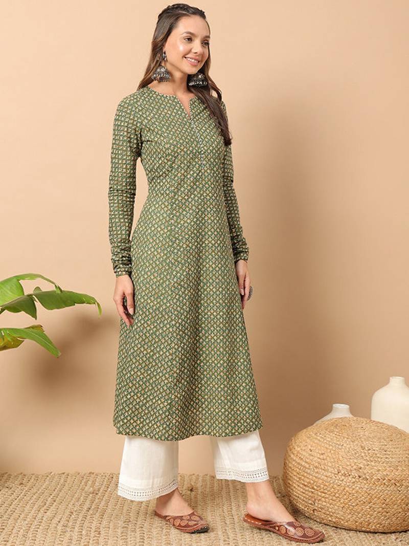 Floral printed notch collar thread work cotton a-line kurta