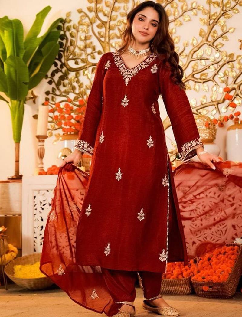 Embroidered regular kurta with trousers & with dupatta