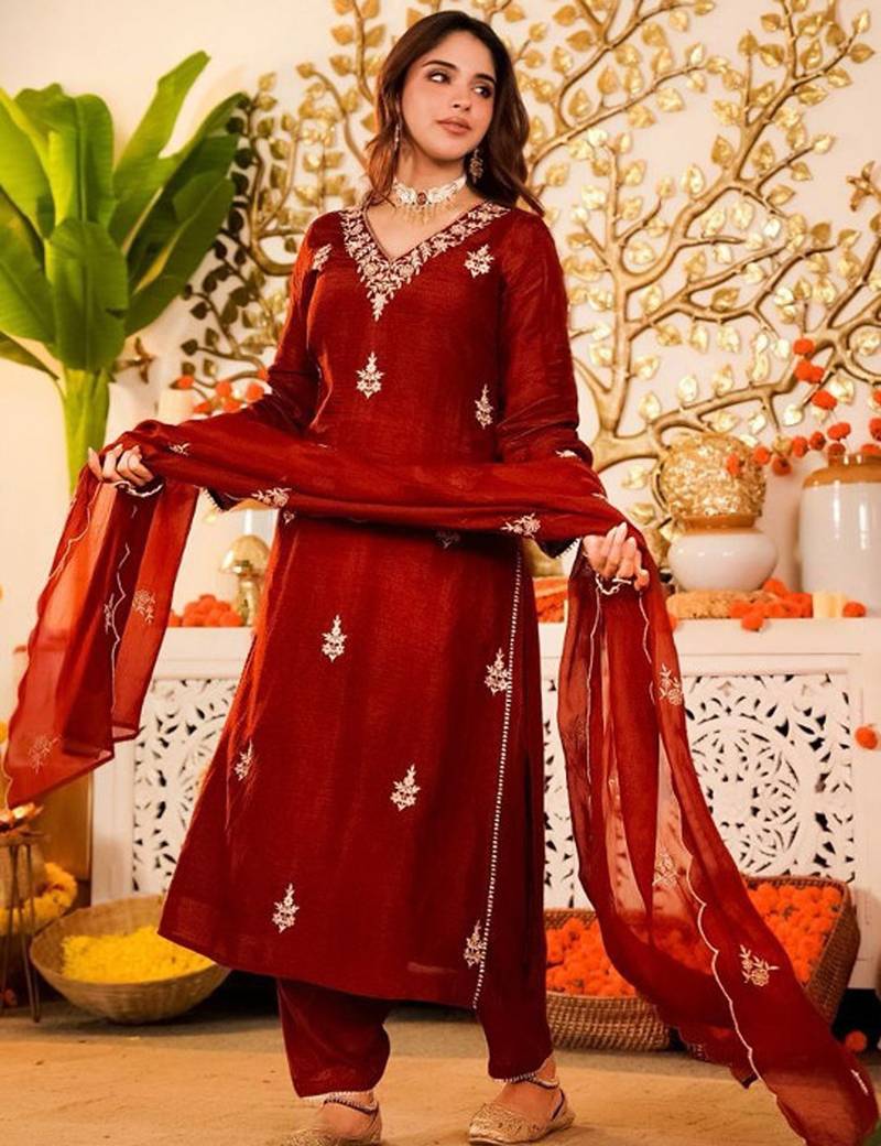 Embroidered regular kurta with trousers & with dupatta