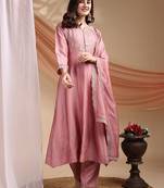 Embroidered v-neck kurta & trousers with dupatta