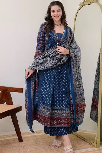 Floral printed v neck anarkali kurta with trousers & dupatta