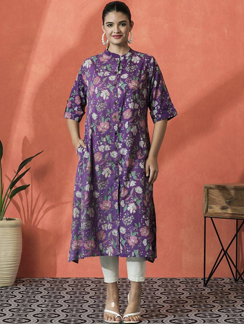Floral printed mandarin collar pure cotton a-line kurta