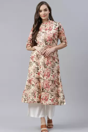 Cream & peach-coloured cotton floral print a-line kurta