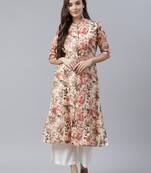 Cream & peach-coloured cotton floral print a-line kurta