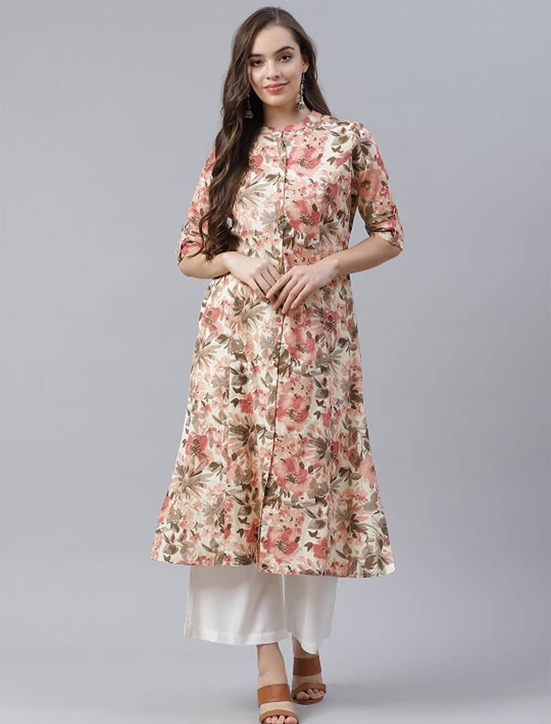 Cream & peach-coloured cotton floral print a-line kurta