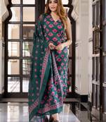 Floral printed v-neck pure cotton straight kurta with trousers & dupatta