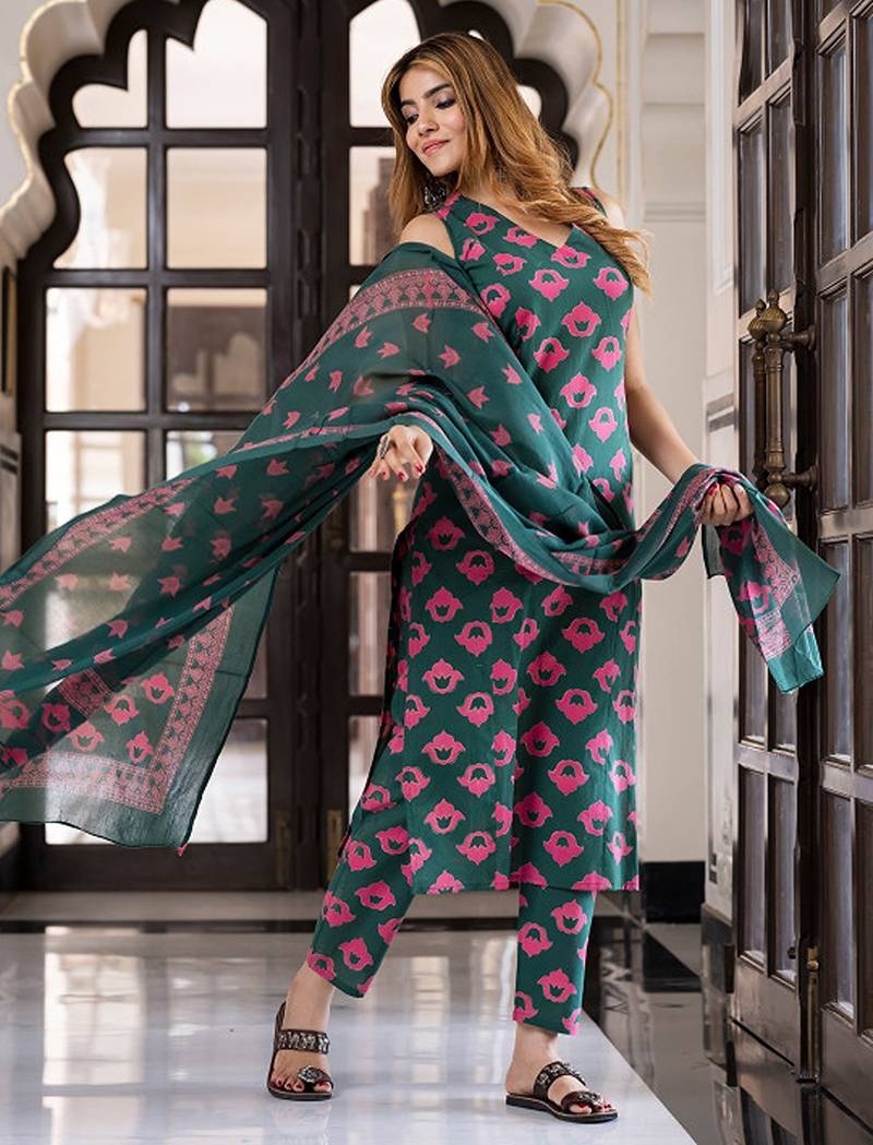 Floral printed v-neck pure cotton straight kurta with trousers & dupatta