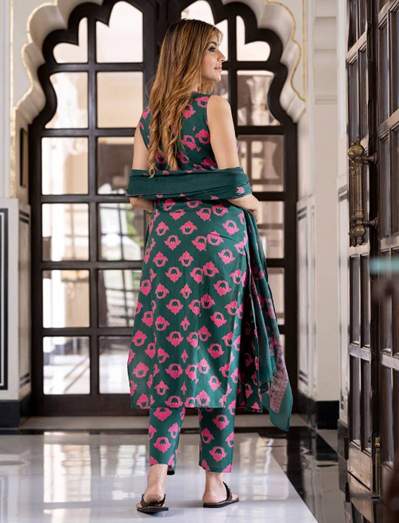 Floral printed v-neck pure cotton straight kurta with trousers & dupatta
