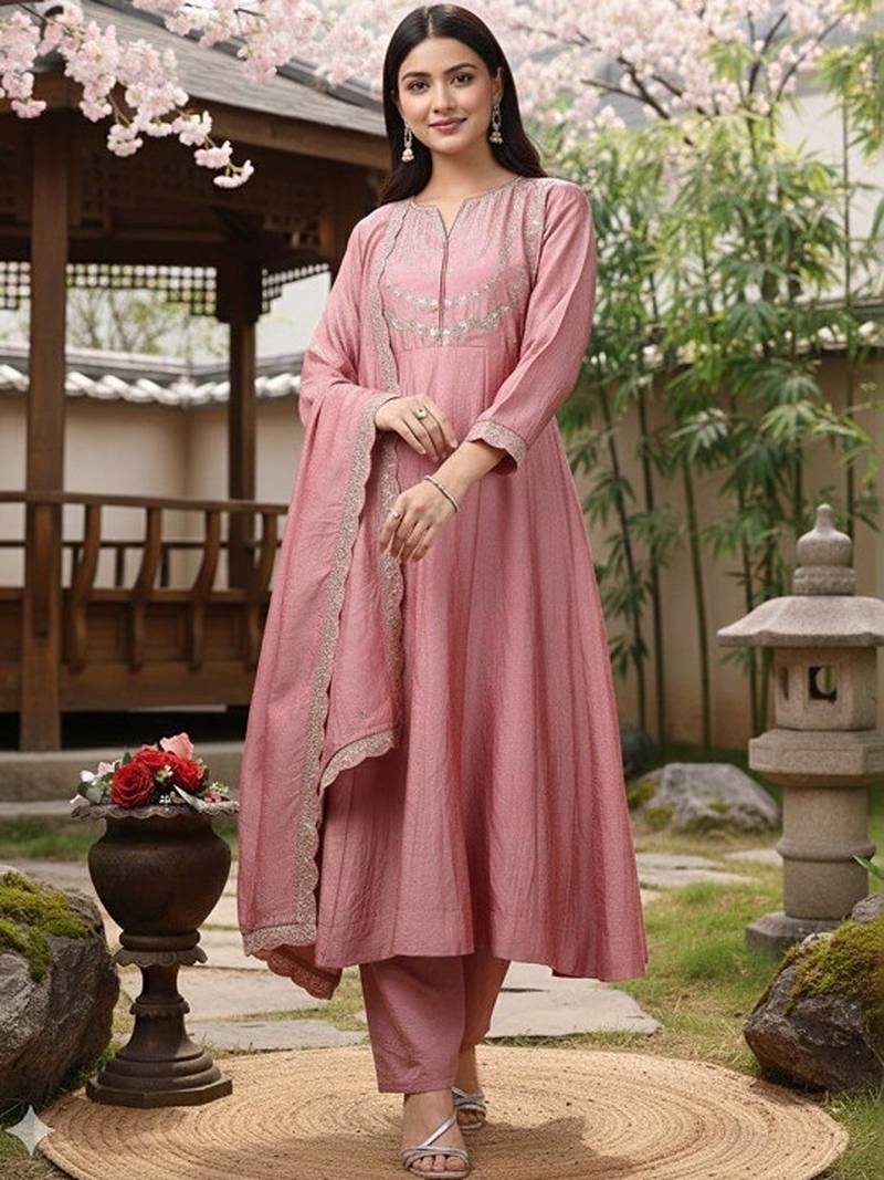 Embroidered round neck kurta & trousers with dupatta