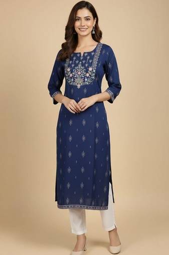 Embroidered round neck calf length straight kurta