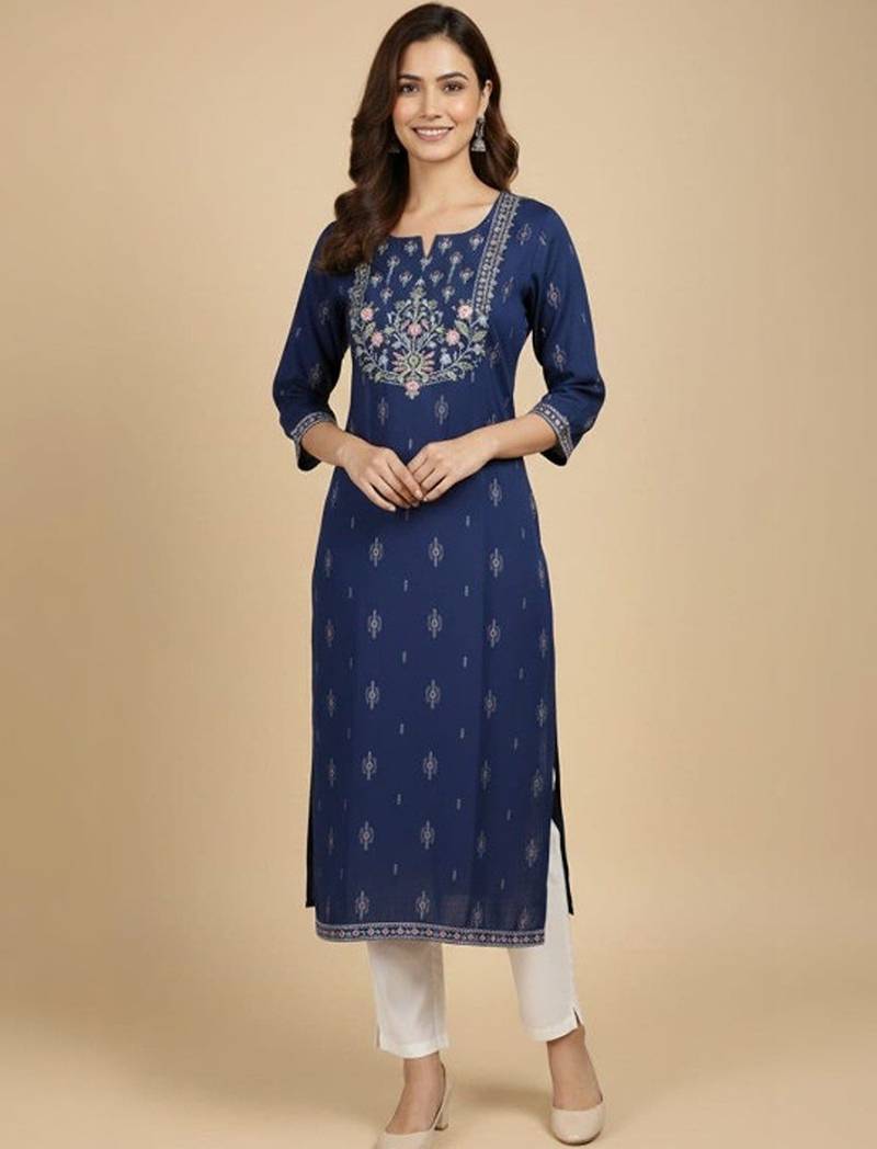 Embroidered round neck calf length straight kurta