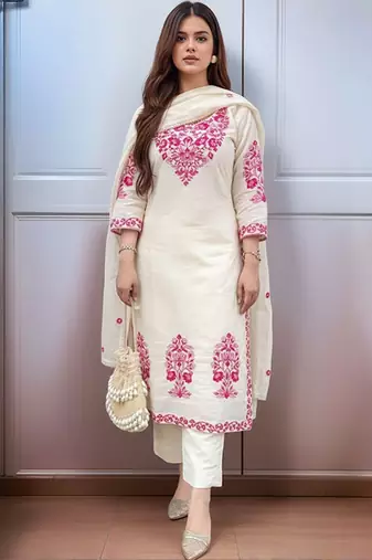 Ethnic motifs embroidered regular thread work kurta with trousers & with dupatta