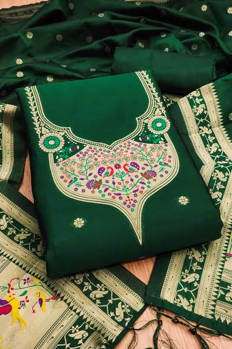 Bottle green soft banarasi silk pure zari woven design dress material