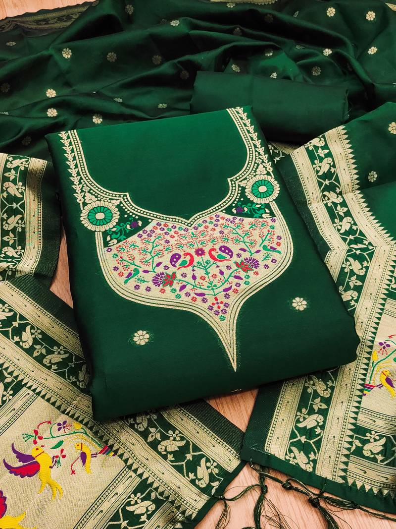 Bottle green soft banarasi silk pure zari woven design dress material