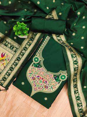 bottle green zari woven silk blend silk dress material 2