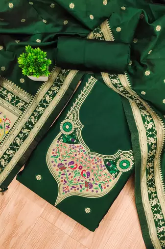 bottle green zari woven silk blend silk dress material