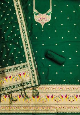 bottle green zari woven silk blend silk dress material 3
