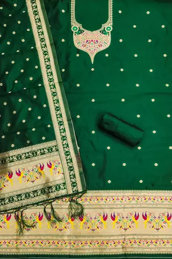 bottle green zari woven silk blend silk dress material