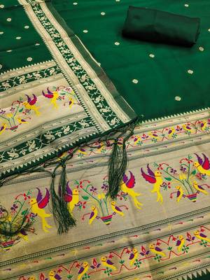 bottle green zari woven silk blend silk dress material 4