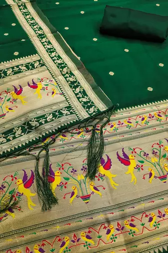 bottle green zari woven silk blend silk dress material