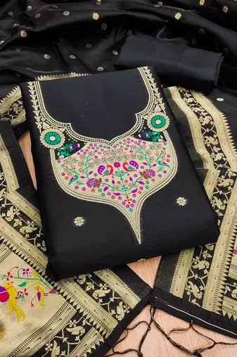 Black soft banarasi silk pure zari woven design dress material