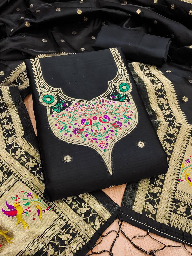 Black soft banarasi silk pure zari woven design dress material