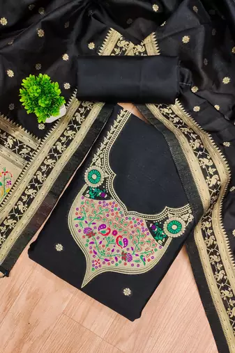 black zari woven silk blend silk dress material