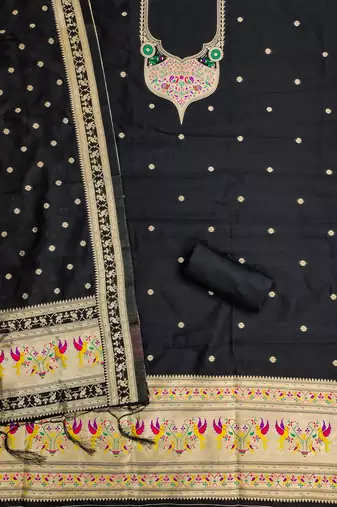 black zari woven silk blend silk dress material