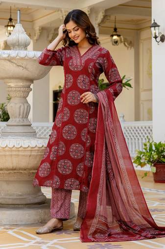 Printed regular mirror work pure cotton kurta with palazzos & with dupatta